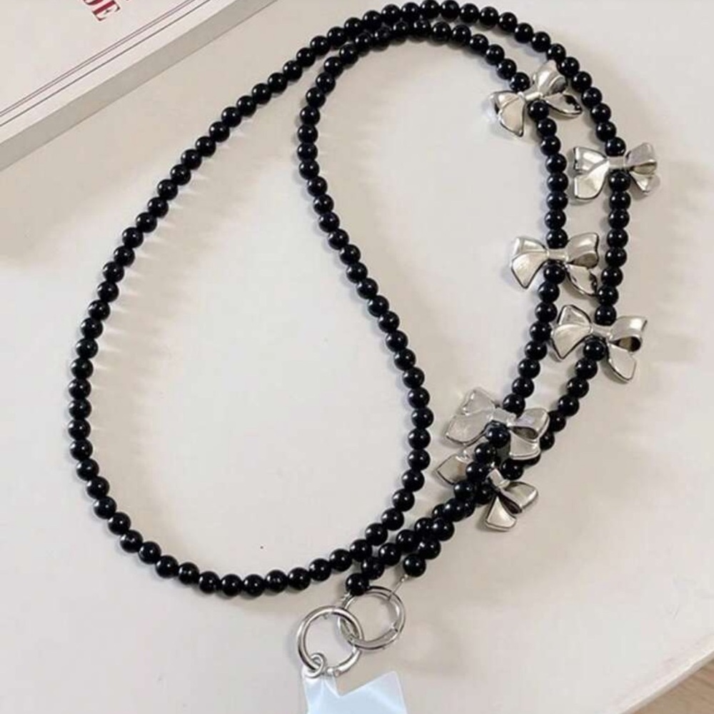 New Silver Black Chain Lanyard Cell Phone Crossbody Holder with Bows